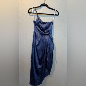 Lulu's Navy Satin Cowl Neck Strapless Midi Dress